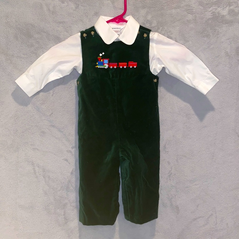 Green Overalls with White Collar Button Down with Red Train- Toddler